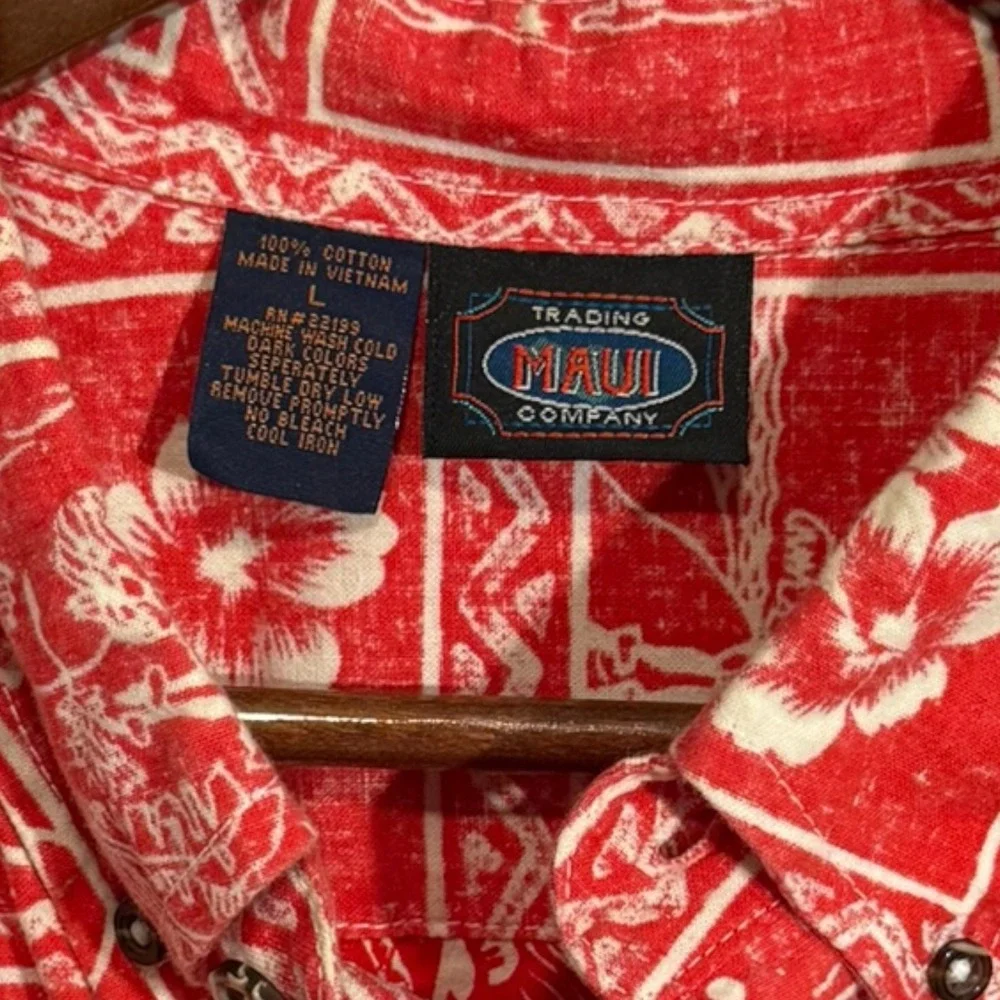 Maui Company Red Tropical Island Print Cotton‎ Short Sleeve Shirt Large Resort